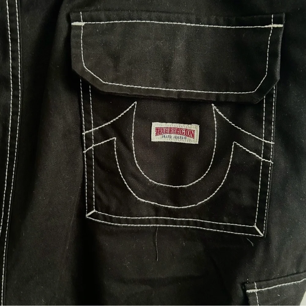 True Religion‎ Mens Baggy Big T Denim Cargo Pant 36 Black Contrast Stitch Casual